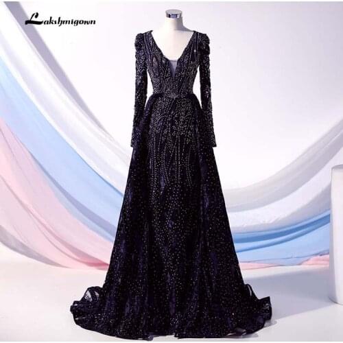 Lakshmigown Dark Blue Dubai Deep-V Evening Dresses with Long Sleeves Luxury Beading A Line Evening Gowns robe soiree