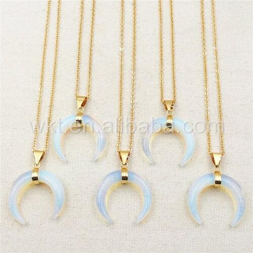 WT-N850 Wholesale Charm Opal Horn Necklace & Pendant,18" Gold Chain Horn Necklace Natural Opal Stone Design Horn Necklace