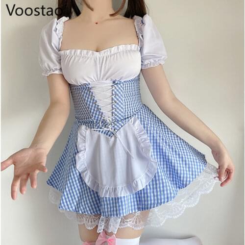 Japanese Sweet Lolita Dress Vintage Victorian Women Sexy Puff Sleeve Slim Dress Girls Blue Plaid Lace Ruffles Bandage Maid Dress