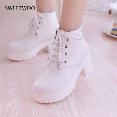 2021 Womens Single Boots New Horse Boots Square Heel Round Toe Spring High Heel Boots Lace-Up Plus Size 35-45