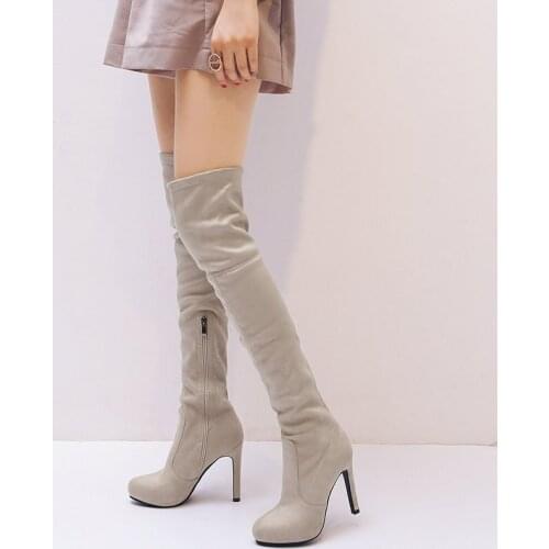 2021 Ladies Fashion Thigh Boots Faux Suede Zipper Stretch Slim Boots Super High Heel Color Matching Autumn Winter Womens Shoes