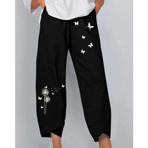 Ladies Thin Spring and Summer Trousers Elastic Waist Dandelion Print Irregular Casual Loose Wide-leg Pants Plus Size New Pants
