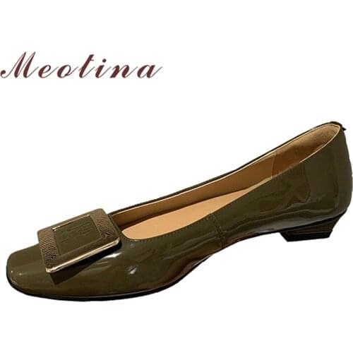 Meotina Natural Genuine Leather Flats Shoes Women Square Toe Casual Footwear Metal Decoration Shallow Shoes Ladies Spring 2021