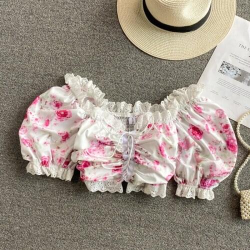 Summer new style floral lace with fungus crop top Square collar short section reduces age temperament crop top women 2021
