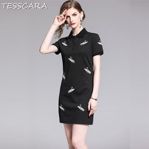 TESSCARA Women Summer Embroidery Polo Shirt Dress Festa Female High Quality Black Robe Femme Designer Short Casual Vestidos