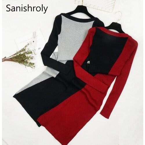 2018 Autumn Winter Women Patchwork Sweater Dress Slash Neck Knitted Dresses Female Long Sleeve Bottoming Dress Vestidos SE234