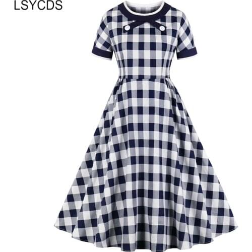 LSYCDS 2020 Vintage Plaid Dresses O Neck High Waist Retro Elegant Party Long Dresses for Women Robe Cotton Retro A Line Dress
