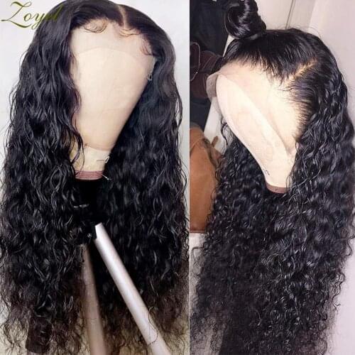 ZoyelFree Shipping Black Loose Curly Synthetic Lace Front Wig Baby Hair Water Wave Heat Resistant Fiber Hair Half Hand Tied Wig