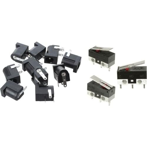 10Pcs DC Power Jack Socket PCB Mount & 10Pcs 2A 125V Mini-Limit Switch Lever Roller Arm Actuator