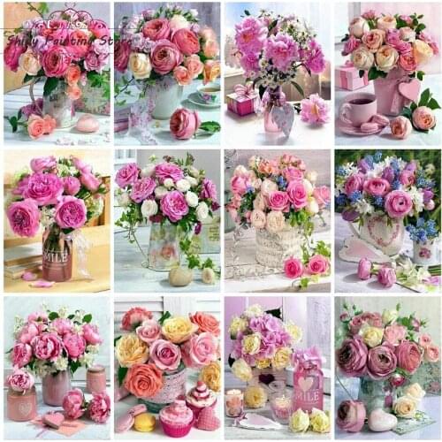 5D Full Square Round Diamond Painting Pink Yellow Rose Vase Colorful Diamond Embroidery Mosaic Cross Stitch Kit Flower Picture