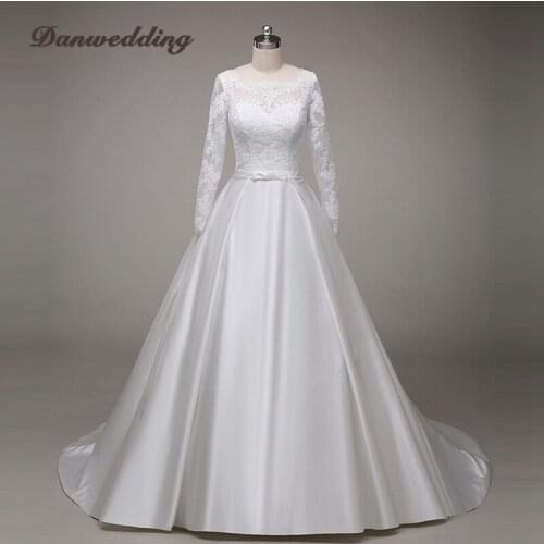 Satin Ball Gown Wedding Dress Long Sleeve Scalloped-Neck Refinement Lace Applique Bridal Dress Real Photo Wedding Gowns Lace- Up