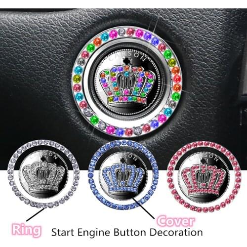 Car Crystal Rhinestone Bling Ring Crown Emblem Sticker Push Button Key Lgnition Starter & Knob Ring Car Interior Accessories