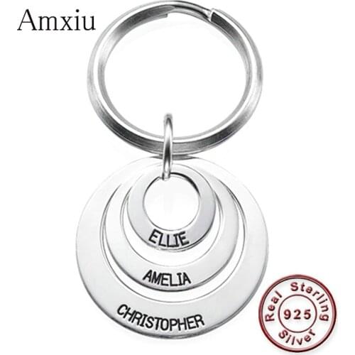 Amxiu Personalized Circle Pendant Keychain Engrave 1-3 Names Key Chains 925 Silver Jewelry For Men Women Keys Bags Accessories