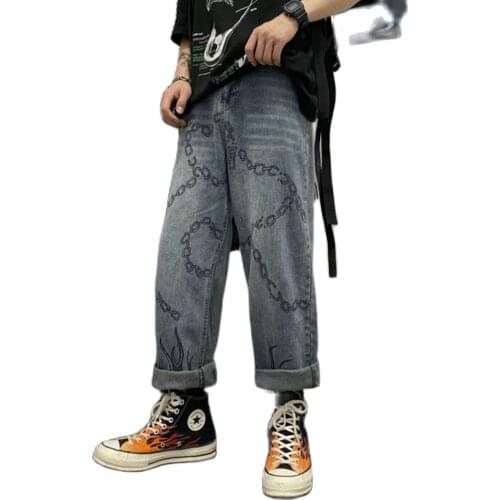 2021 Hip Hop Pants Man Women Streetwear Vintage Chain Fire Flame Print Men Trousers Harajuku Oversized Joggers Pants Jeans Loose