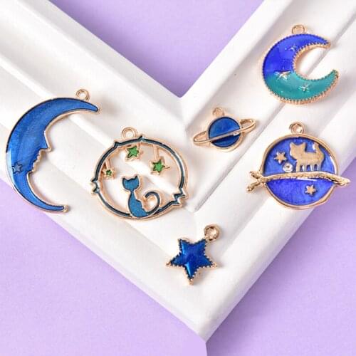 24Pcs/Set Enamel Cat Moon Star Earth Planet Charms Pendant DIY Jewelry Making