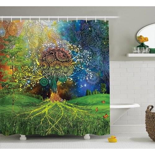 Ethnic Shower Curtain Tree in The Valley with Spiral Branch Balance in Mother Earth Zen Art Illustration Bath Curtains