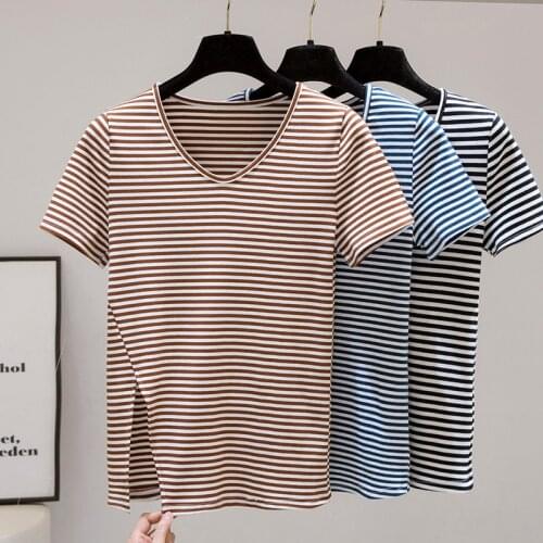 Short Sleeve Cotton Tshirt Women Clothing Blue Summer Tops Woman T-shirt Stripe Tee Shirt Slit Kawaii Clothes Cotton New 2021
