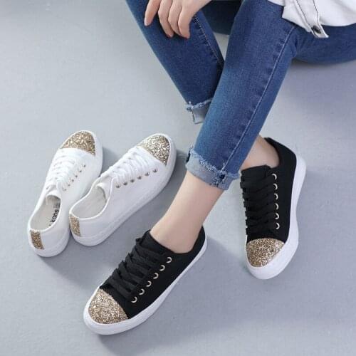 Fashion Vulcanized Shoes Women Sparkly Canvas Shoe Bling White Sneakers Korea Lace-up For Women Casual Footwear Zapatillas Mujer