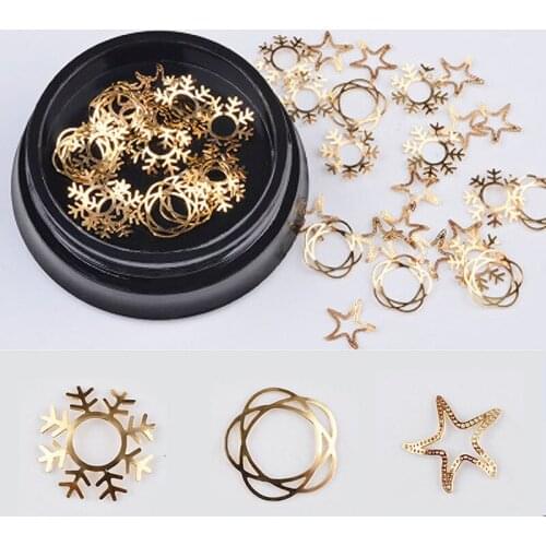 New Christmas 1 Box Gold Hollow Nail Art Decoration Snowflake Star Nail Jewelry with Designs Irregular Nail Accessories Tools