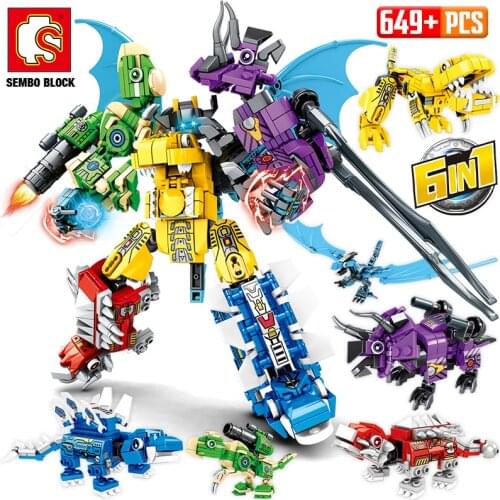 NEW SEMBO 6in1 Transformation Dinosaur Robot Building Block City Jurassic Worlds Pterosaur Electric Mech Bricks DIY Toy For Boys