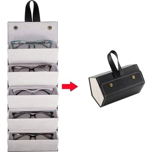 5-Slot Travel Sunglasses Organizer Collector - PU Eyeglasses Storage Case Box -Multiple Hanging Eyewear Holder Display