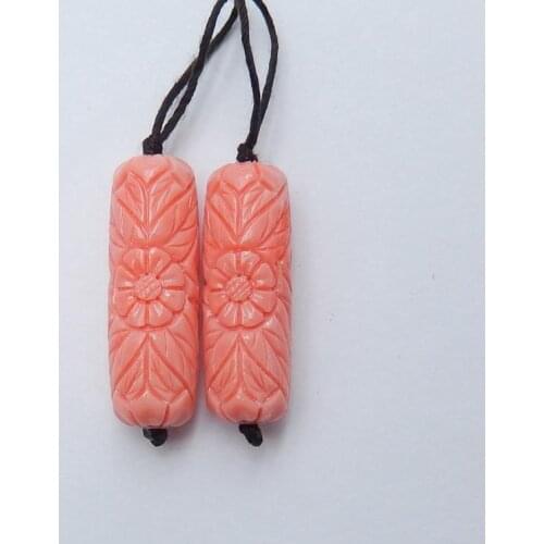 Pink Conch Shell Carved Flower Tube Earrings Beads Pair, 33x11x12mm, 7.9g
