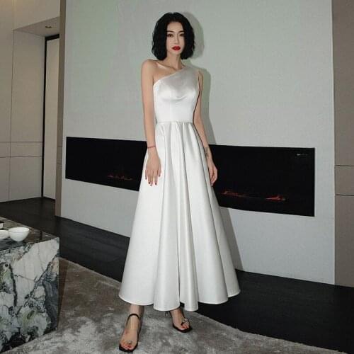 White Simple Fashion Evening Dress One-Shoulder Sleeveless Zipper Back A-Line Ankle-Length New Woman Formal Party Gowns A1197