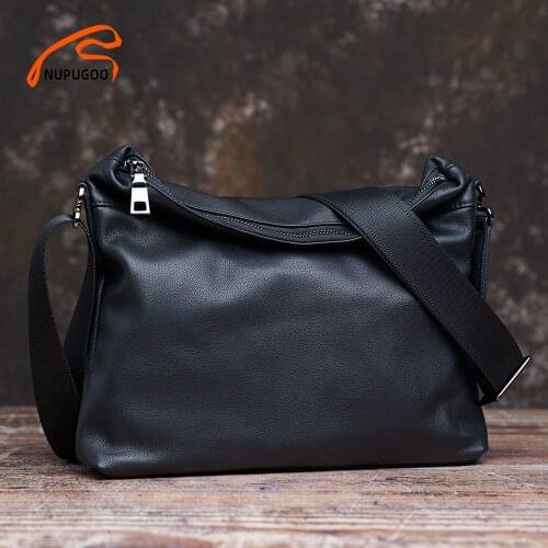 Fashion Mens Shoulder Bag Genuine Leather Casual Crossbody Bag Classic Fold Cover zipper Messenger For 10.5 Inch Ipad NUPUGOO