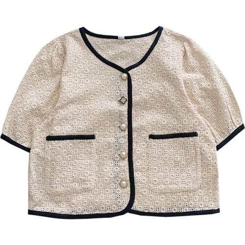 Heavy industry crochet hollow out design retro hit color edge V-neck pearl button slim short-sleeved shirt