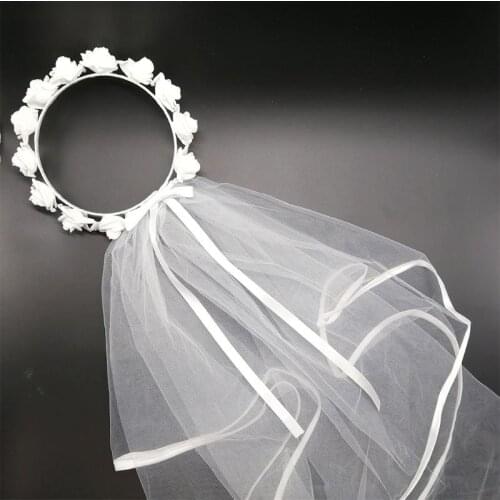 Women Bridal Flower Hair Wreath With White Veil Garland Wedding Headband Crown Adjustable Lace Up Ribbon Bachelorette Party W0YA