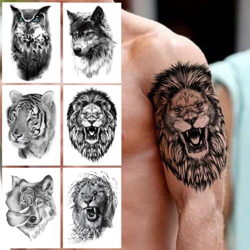 Lion Tiger Wolf Temporary Tattoos For Men Women Adult Kids Owl Forest Flower Tattoo Sticker Fake Self Adhesive Black Tatoo Paste