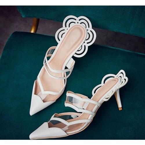 Ladies Elegant Floral Carved Back Lacework Pointed toe Pumps PVC Strappy Patchwork Woman Kitten Heel Slingbacks Sandals Shoes