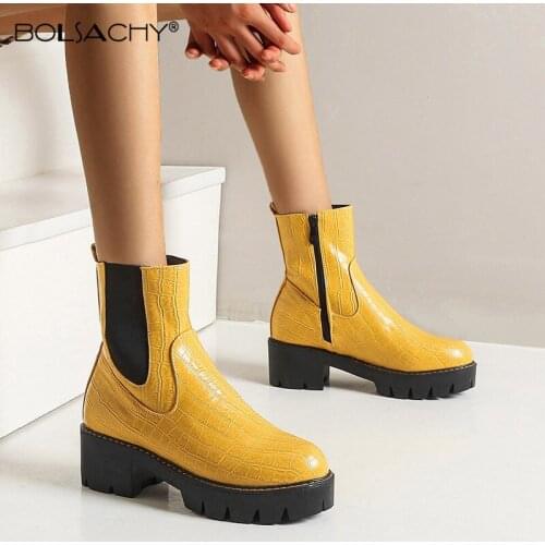 Women Chelsea Boots PU Leather 2021 Autumn Winter Fashion Platform Ladies Ankle Boots Zip Retro Botas de Mujer Yellow Silver
