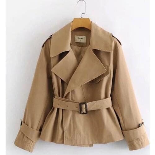 Womens British Retro Double-Breasted Short Waist Trench Coat Chic Classic Lapel Casual Jacket Spring And Autumn New