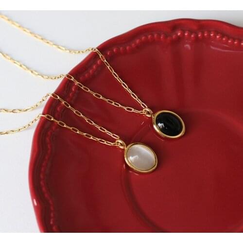Waterproof Stainless Steel Neck Jewelry Women 18k Gold Chains Choker Necklaces For Women Oval Black White Opal Stone Pendants