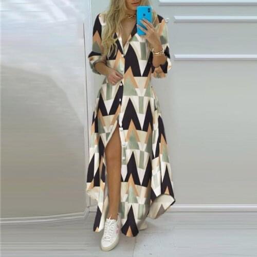 Elegant Retro Printed Long Shirt Dress Women Sexy Fashion Turn-Down Collar Button Party Dress Office Lady Casual Irregular Dress