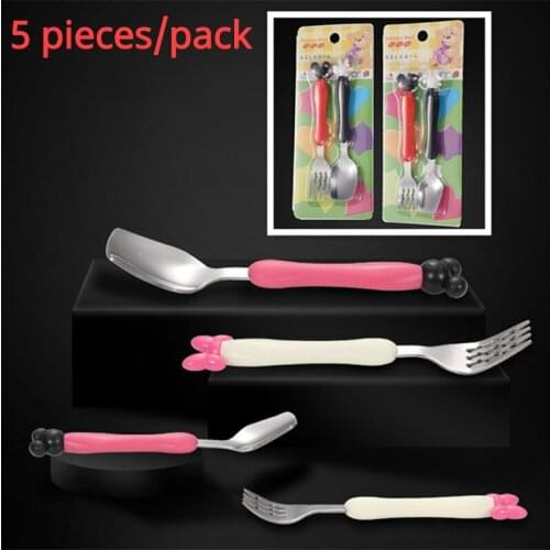 5 Pcs Baby Spoon Fork Set Safety Stainless Steel Infant Children Feeding Cutlery Utensil Cartoon Mouse Toddler Infant Dinnerware