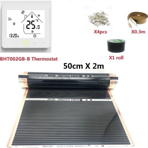 50cmX2m Warm Floor Mat 220v 220w/m2 Carbon Heating Film Electric Heater with WiFi Thermostat and Accessories