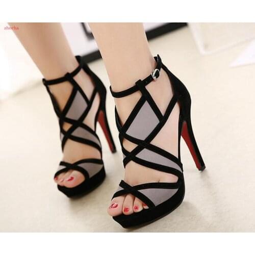 Classic beautiful Fish mouth shoes female summer sexy high-heeled fight color wild cross strap new hollow exposed toe fine with