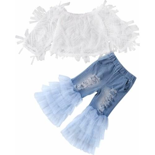 Toddler Kid Baby Girls Suits Lace Off Shoulder Long Sleeve Tops+Patchwork Denim Pants 2PCS Sets Child Summer Clothes Outfit 1-6Y