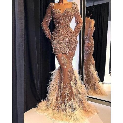 Pretty Champagne Evening Dresses With Illusion Full Sleeves Coloful 3D Flower feather Tulle Prom Gowns Formal Dress Abendkleider