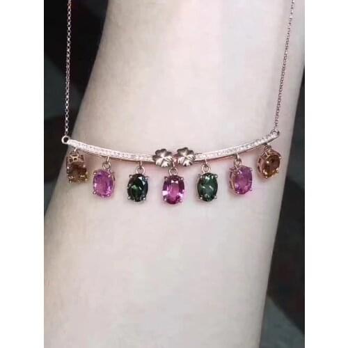 Natural Multicolor tourmaline Necklace natural gemstone trendy Elegant Pendant Necklace S925 silver women wedding Jewelry