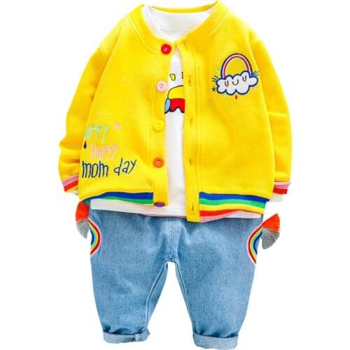 New Baby Kids Girls Autumn Sets 3PCS Fashion Children Boys Clothes Rainbow Long-Sleeve Cardigan Coat T-Shirt Jeans Pants Set