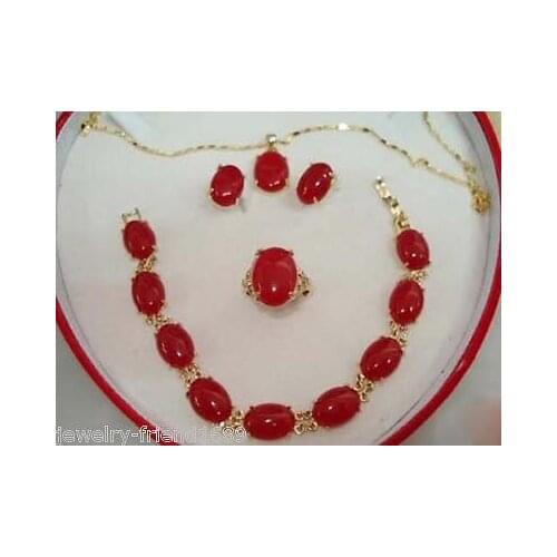 New Style Hot sale******** Plated Red jade Bracelet earring Pendant Necklace Set Fashion Wedding Party Jewellery