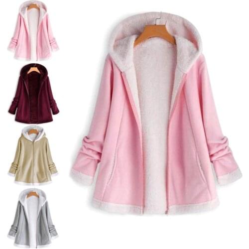 Casual Women Autumn Winter Solid Color Long Sleeve Zipper Warm Plushy Hooded Coat Ladies solid color hoodie Sizes S to XXXL