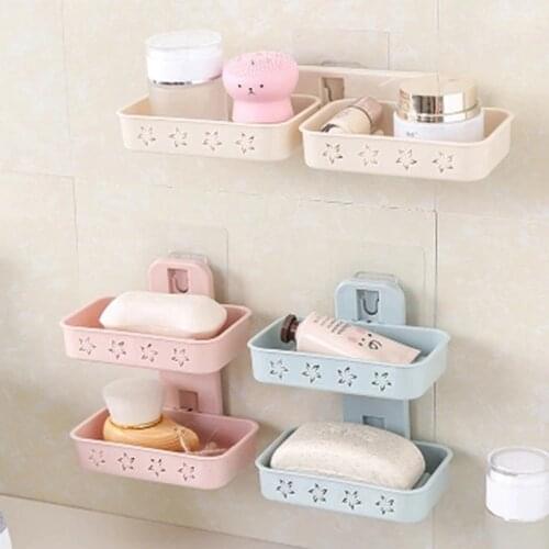 Bathroom Hook Up Shower Soap Box Dish Storage Plate Tray Holder Case Soap Holder Double Wall Shelf Storage Rack Sponges Shelf