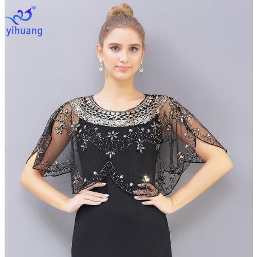 2021 New Vintage 1920s Shawl Wedding Cover Up Gatsby Party Sequin Cape Vintage Mesh Wrap Scarf for Dresses