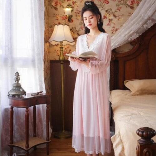 Princess Vintage Long Sleeves Nightgowns Women Elegant V-Neck Ankle-Length Night Dress With Lace Summer Gauze Modal Sleepwear
