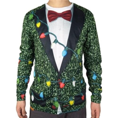 Funny Christmas Tree Ugly Christmas T Shirt for Men Hilarious Mens 3D Fake Two Piece Tuxedo Print Ugly Xmas Party Tshirt