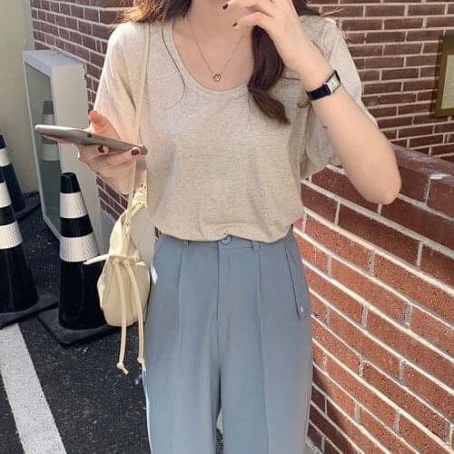 2021 New Women Summer 95 Cotton Loose T-shirt U Neck Solid Color Tshirts Short Sleeve Leisure Tees Pullover Tops